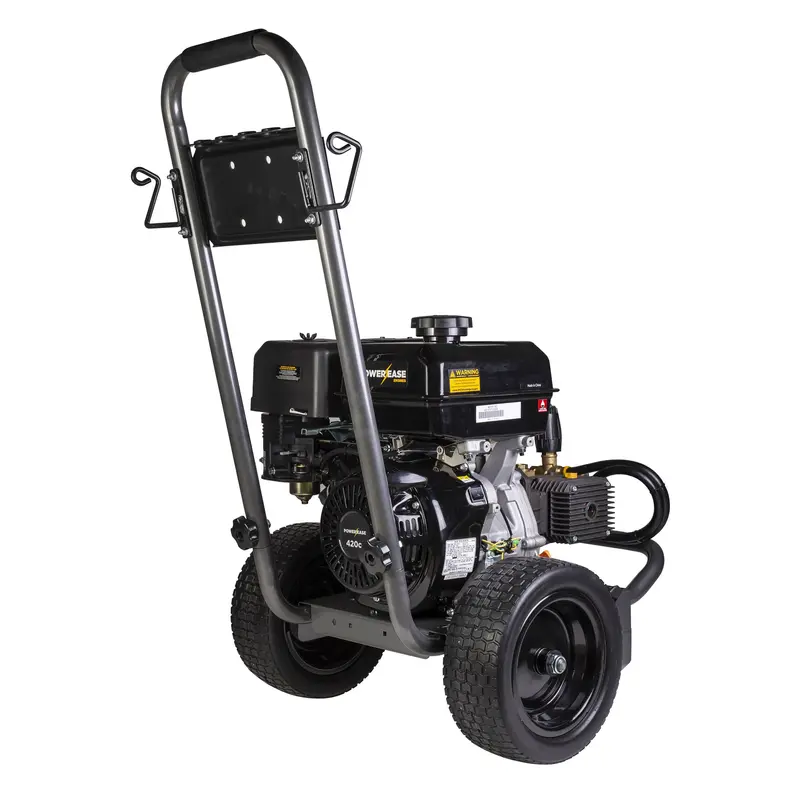 A pressure washer with wheels on a white background.