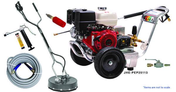 A professional pressure washer equipped with a hose and pressure washing parts.