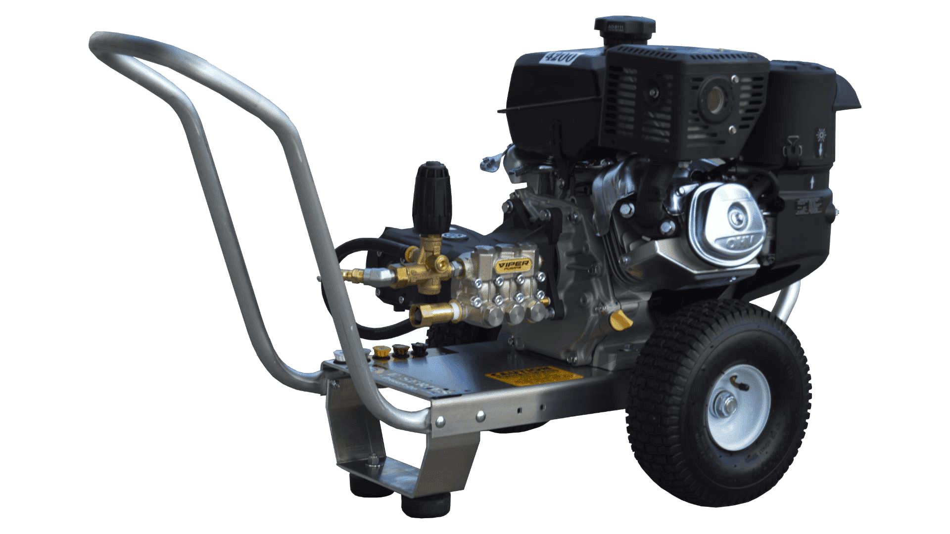 Gasoline-powered pressure washer on wheels with a black engine, a steel frame, and a long high-pressure hose.