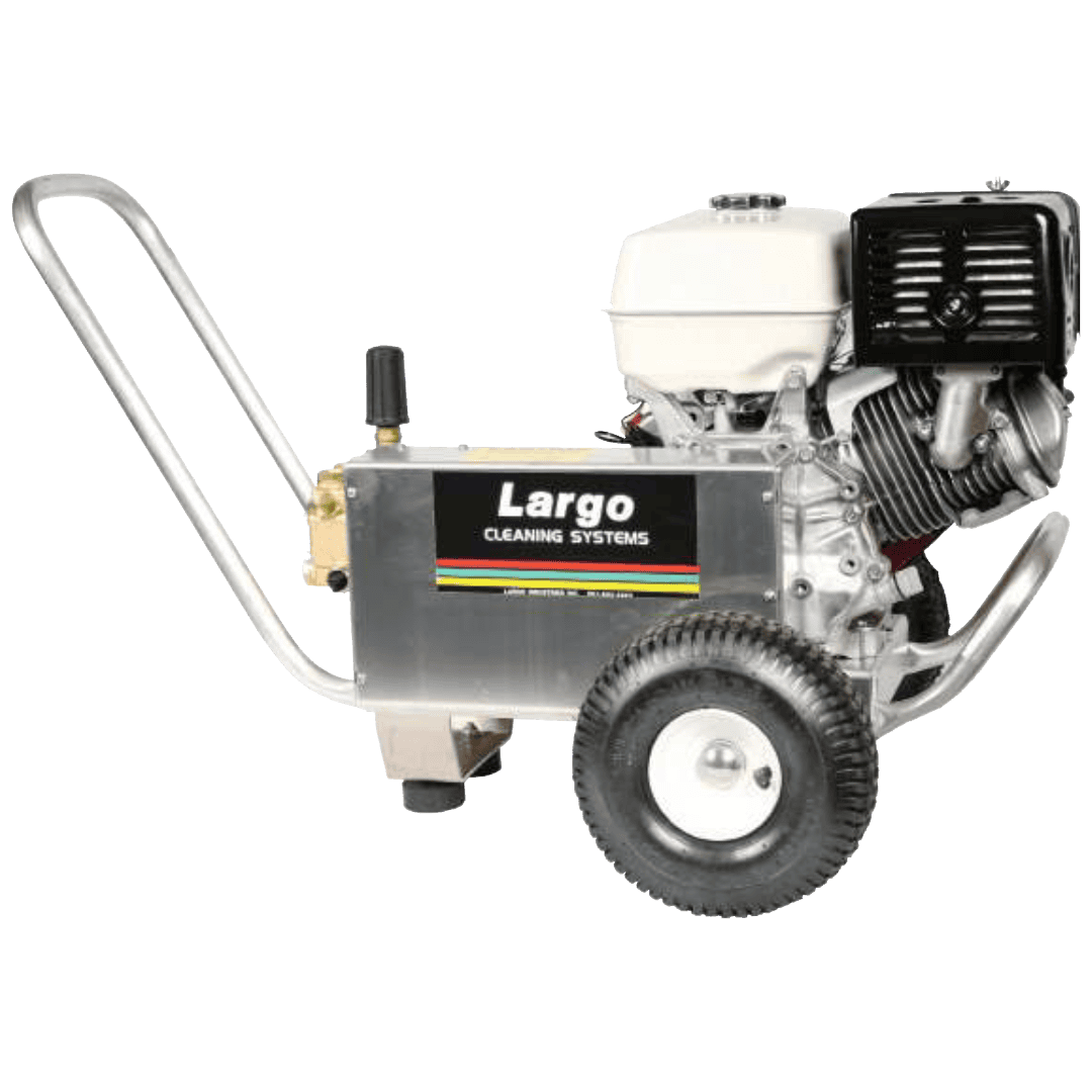 A portable largo pressure washer with a gas engine, mounted on a wheeled frame with a handle for maneuverability.