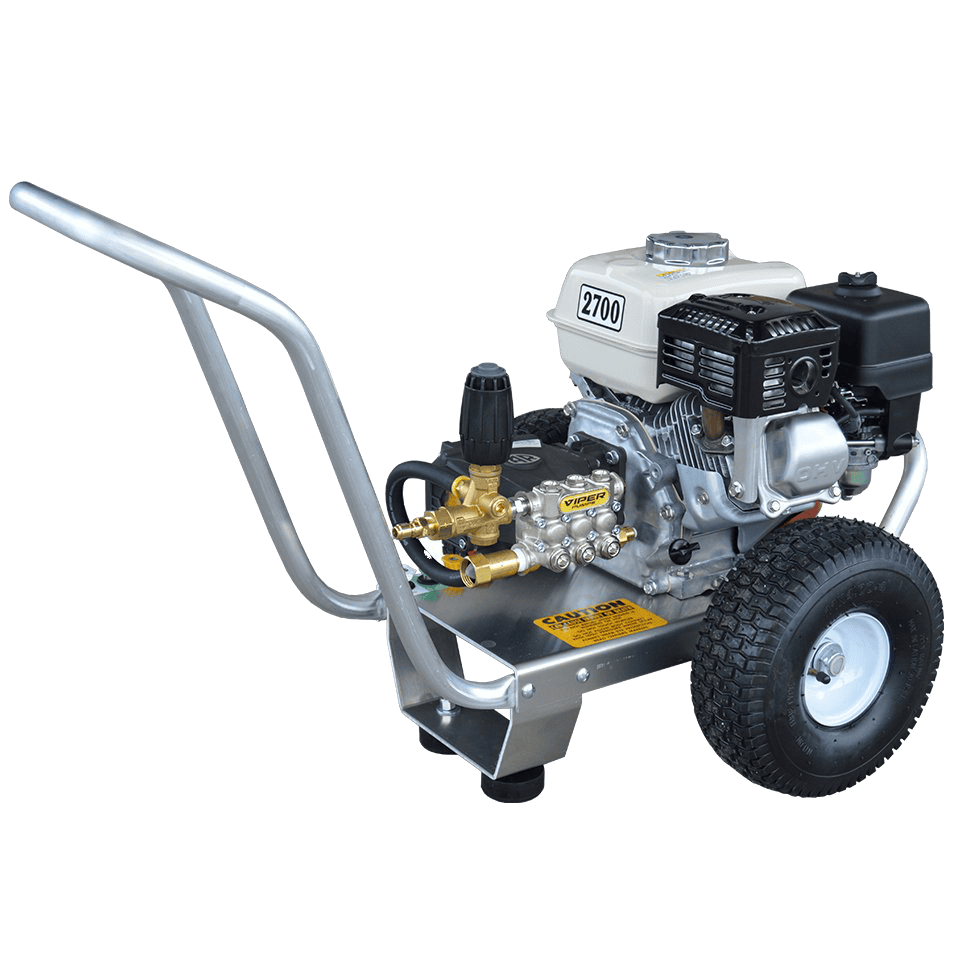 A pressure washer with a 2700 PSI rating, featuring a gasoline engine, single metal handle, and a pneumatic tire.