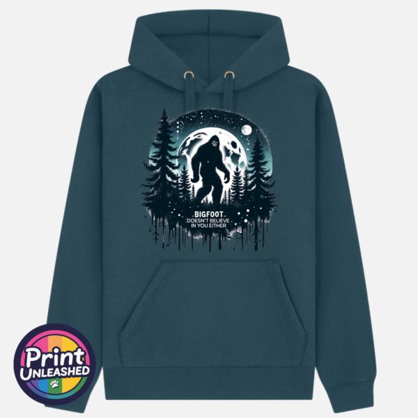 Bigfoot Doesn't Believe in You Either moonlit forest design on Premium hoodie indigo - Print Unleashed