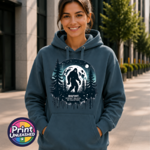 Bigfoot Doesn't Believe in You Either moonlit forest design on Premium hoodie indigo model - Print Unleashed