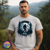 Bigfoot Doesn't Believe in You Either moonlit forest design on unisex T-shirt model - Print Unleashed