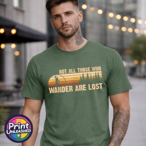 Bigfoot Jumping mign model Not All Those Who Wander Are Lost Bigfoot forest design on unisex T-shirt military green model – Print Unleashed