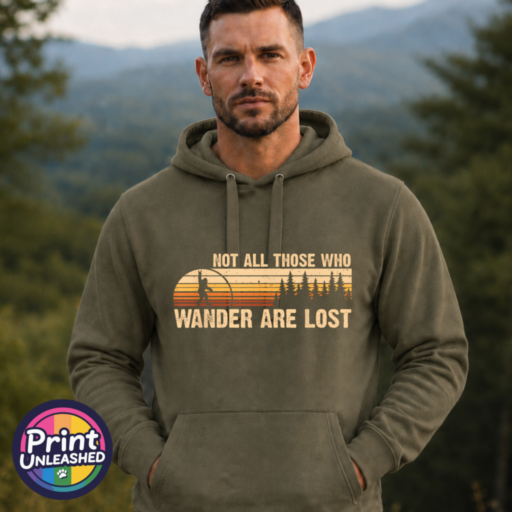 Not All Those Who Wander Are Lost jumping Bigfoot rock sign design on Everyday hoodie khaki model - Print Unleashed