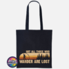 Not All Those Who Wander Are Lost jumping Bigfoot rock sign design on cotton tote bag black - Print Unleashed