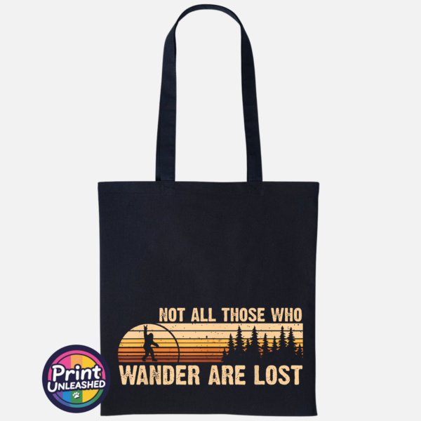 Bigfoot Rock Out black Not All Those Who Wander Are Lost jumping Bigfoot rock sign design on cotton tote bag black - Print Unleashed