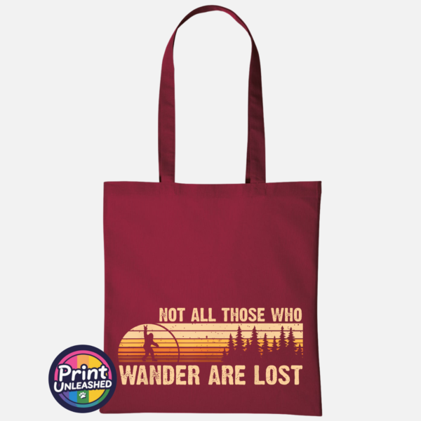 Bigfoot Rock Out deep red Not All Those Who Wander Are Lost jumping Bigfoot rock sign design on cotton tote bag deep red - Print Unleashed