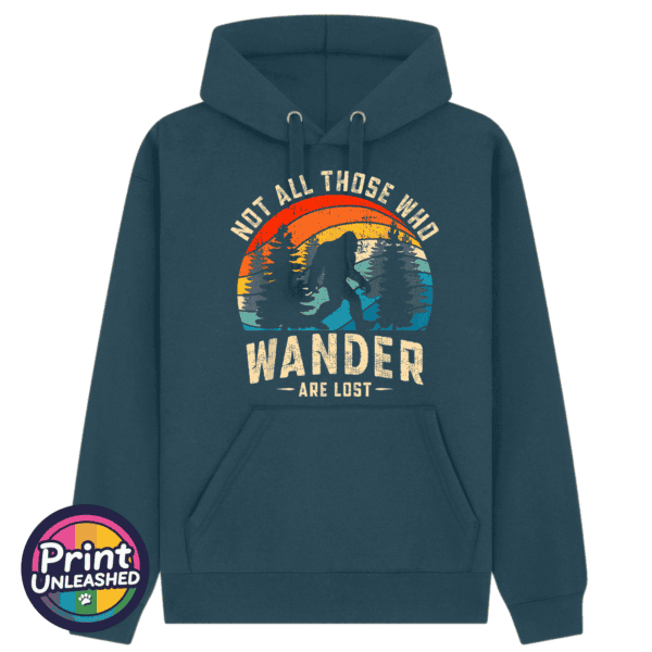 Bigfoot Wander indigo Not All Who Wander Bigfoot forest design on indigo Premium hoodie indigo - Print Unleashed