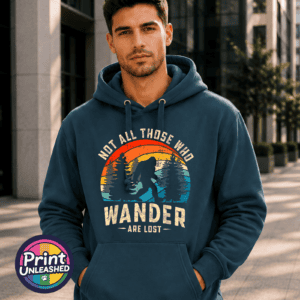 Bigfoot Wander indigo model Not All Who Wander Bigfoot forest design on indigo Premium hoodie model - Print Unleashed