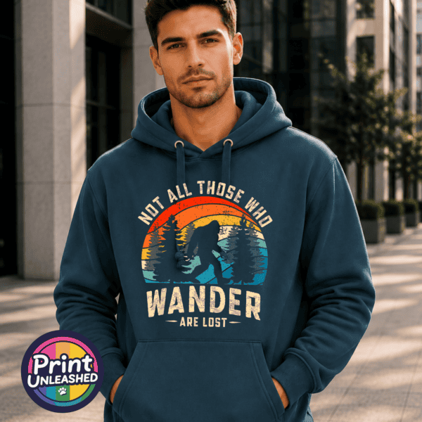 Bigfoot Wander indigo model Not All Who Wander Bigfoot forest design on indigo Premium hoodie model - Print Unleashed