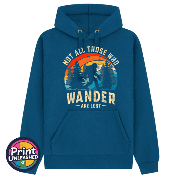 Bigfoot Wander ink Not All Who Wander Bigfoot forest design on indigo Premium hoodie ink - Print Unleashed