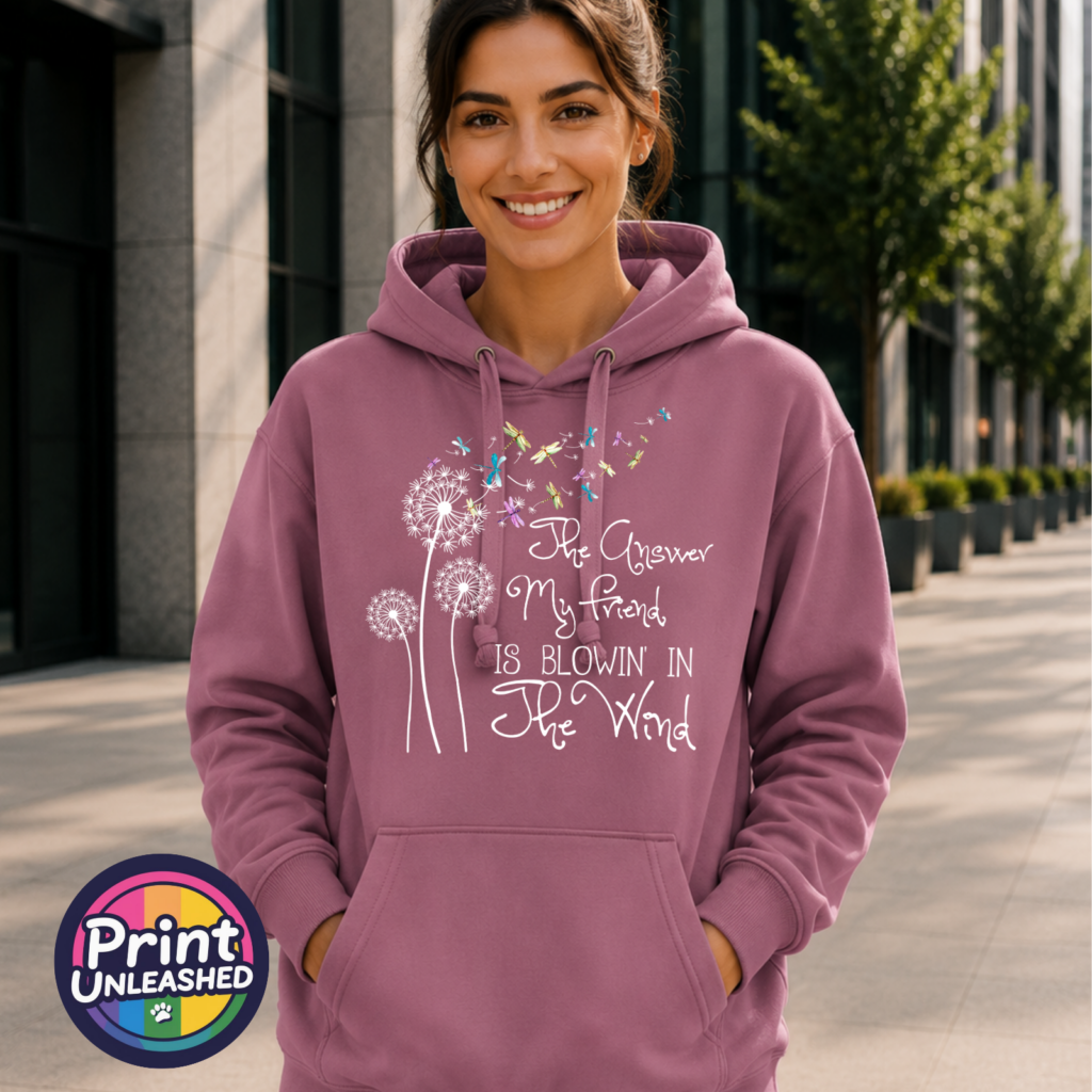 Blowin' in the Wind lyric dandelion and dragonfly premium hoodie soft mulberry model - Print Unleashed