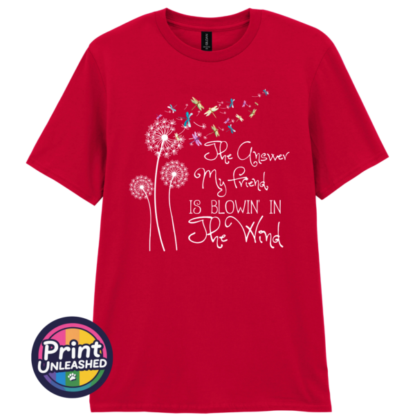 Blowin In The Wind red Blowin' in the Wind dandelion and dragonfly unisex T-shirt red - Print Unleashed