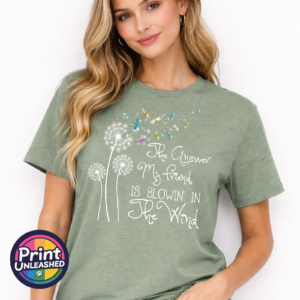 Blowin' in the Wind dandelion and dragonfly unisex T-shirt sage model - Print Unleashed