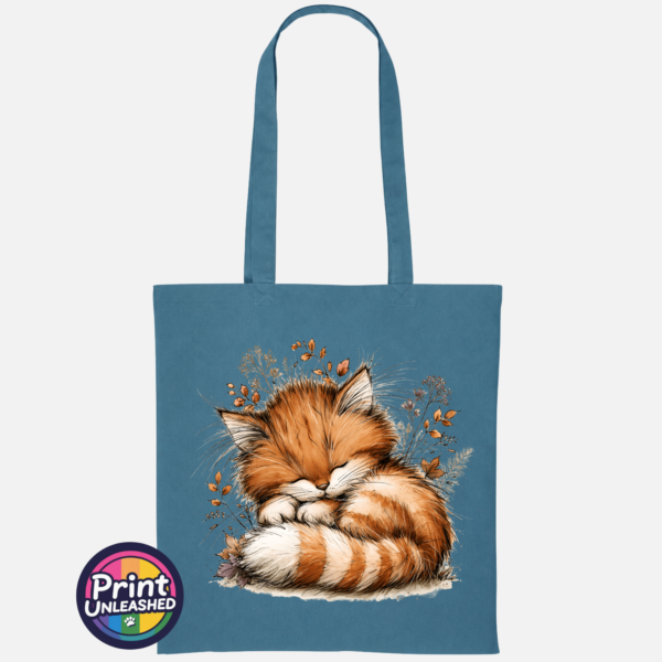 Cat airforce blue Copper Catnap sleeping ginger cat autumn design on cotton tote bag airforce blue - Print Unleashed
