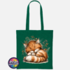 Copper Catnap sleeping ginger cat autumn design on cotton tote bag bottle green - Print Unleashed