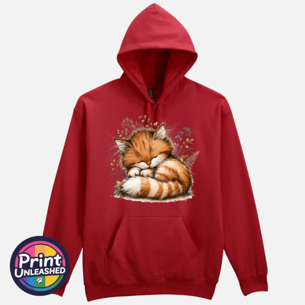 Copper Catnap sleeping ginger cat autumn design on Softstyle hoodie cardinal red - Print Unleashed