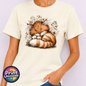 Copper Catnap sleeping ginger cat autumn design on unisex T-shirt model - Print Unleashed