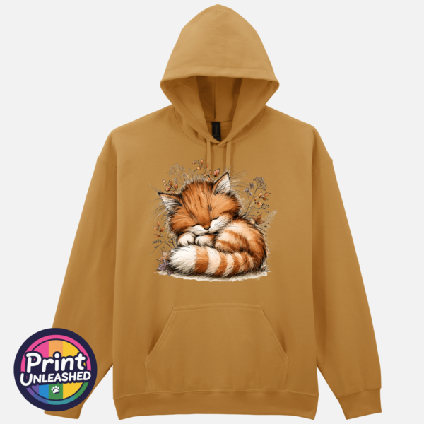 Copper Catnap sleeping ginger cat autumn design on Softstyle hoodie mustard - Print Unleashed