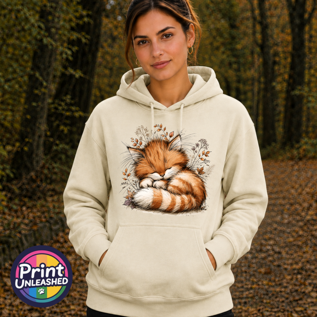 Copper Catnap sleeping ginger cat autumn design on Softstyle hoodie model - Print Unleashed