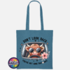 Don't Look Back Highland cow design on cotton tote bag airforce blue - Print Unleashed