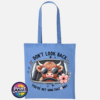 Don't Look Back Highland cow design on cotton tote bag cornflower blue - Print Unleashed