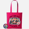 Don't Look Back Highland cow design on cotton tote bag hot pink - Print Unleashed