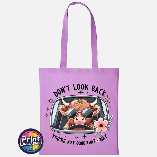 Don't Look Back Highland cow design on cotton tote bag lavender - Print Unleashed