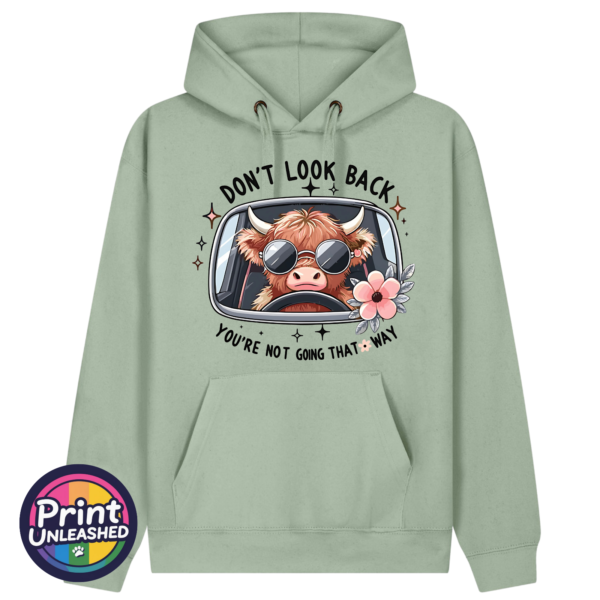 Don't Look Back Highland cow design on sage premium hoodie - Print Unleashed