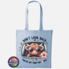 Don't Look Back Highland cow design on cotton tote bag sky - Print Unleashed