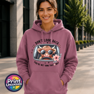 Don't Look Back Highland cow design on soft mulberry premium hoodie model - Print Unleashed