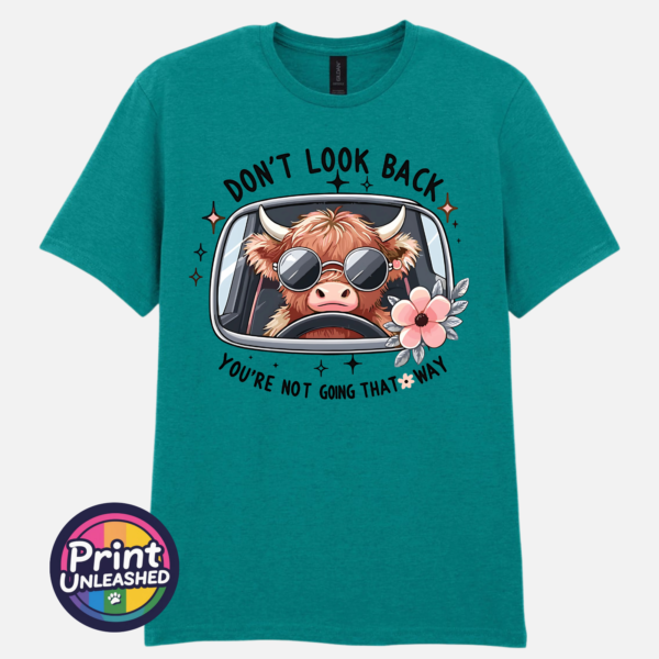 Don't Look Back Highland cow design on jade unisex T-shirt - Print Unleashed