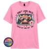Don't Look Back Highland cow design on pink unisex T-shirt - Print Unleashed