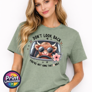 Don't Look Back Highland cow design on sage model unisex T-shirt - Print Unleashed