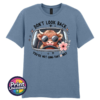 Don't Look Back Highland cow design on stone blue unisex T-shirt - Print Unleashed