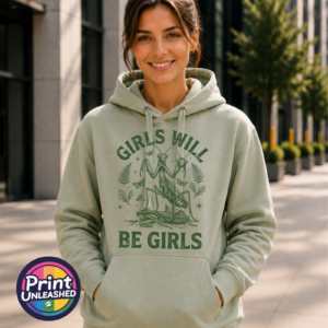 Girls Will Be Girls female praying mantis dark humour design on Premium hoodie sage model - Print Unleashed