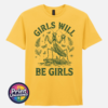 Girls Will Be Girls female praying mantis dark humour design on unisex T-shirt yellow - Print Unleashed
