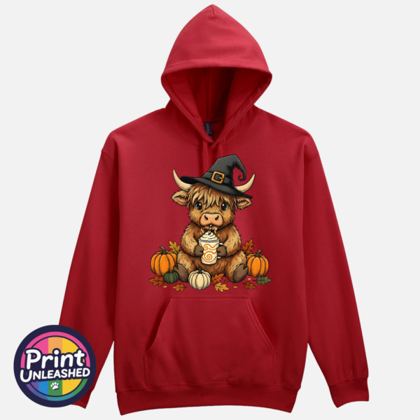 Highland Cow Witch with pumpkins and autumn drink on Softstyle hoodie in cardinal red - Print Unleashed