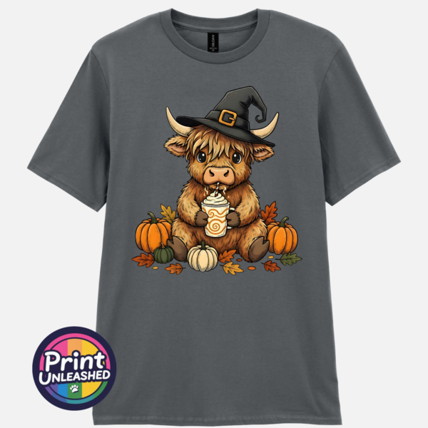 Highland Cow Witch char Highland Cow Witch with pumpkins and autumn drink on unisex T-shirt charcoal - Print Unleashed