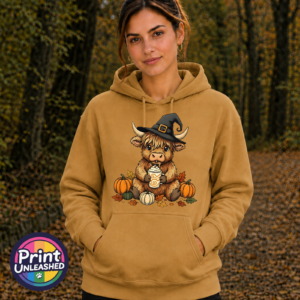Highland Cow Witch with pumpkins and autumn drink on Softstyle hoodie mustard model image - Print Unleashed