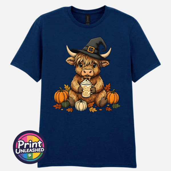 Highland Cow Witch navy Highland Cow Witch with pumpkins and autumn drink on unisex T-shirt navy - Print Unleashed