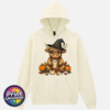 Highland Cow Witch with pumpkins and autumn drink on Softstyle hoodie in off white - Print Unleashed