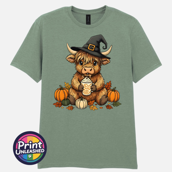 Highland Cow Witch sage Highland Cow Witch with pumpkins and autumn drink on unisex T-shirt sage - Print Unleashed