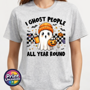 I Ghost People funny ghost design on ash T-shirt model - Print Unleashed