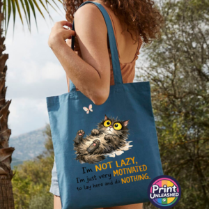 I'm Not Lazy Cat Tote Bag in Airforce Blue - Print Unleashed