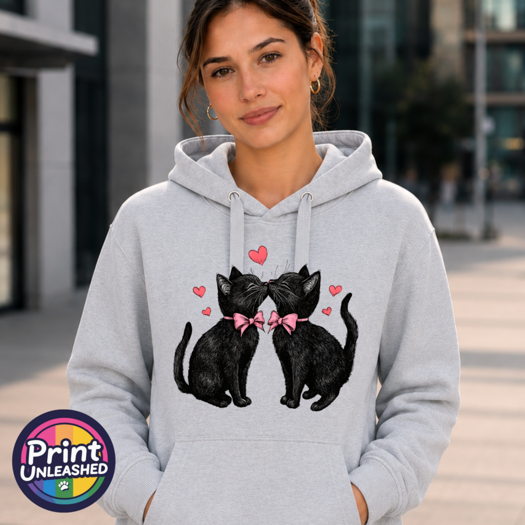 Kissing Cats romantic black cat design on Everyday Hoodie model - Print Unleashed