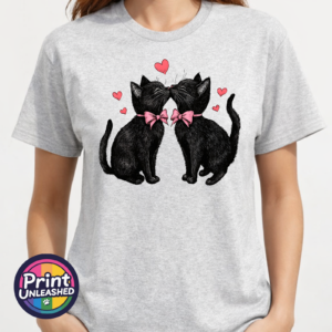 Kissing Cats black cat love design on ash model T-shirt - Print Unleashed