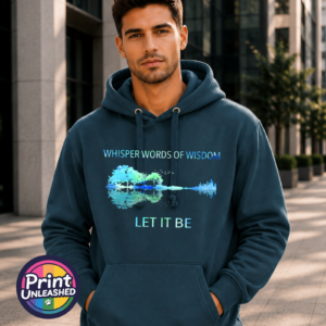 Let It Be landscape guitar design on premium hoodie indigo model image - Print Unleashed